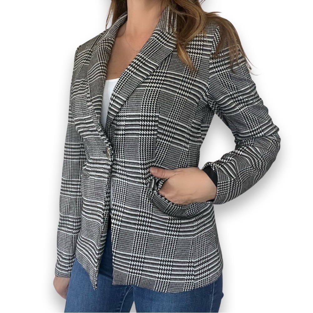 Elie Tahari Plaid Blazer Jacket Size 8 Black White Check Stretch